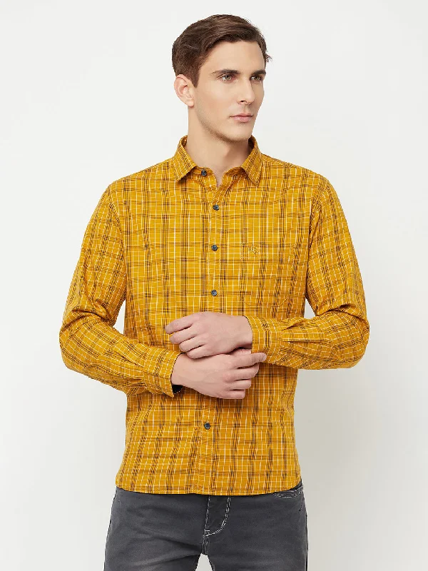 Men's quick-dry gym wear shirt-Men's Mustard Casual Medium Checks Full Sleeve Shirt